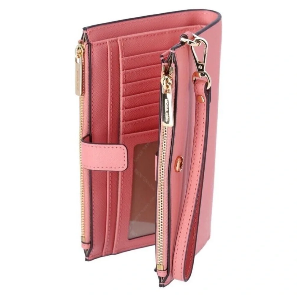 New Michael Kors Jet Set Travel Double Zip Wristlet Wallet Leather Primrose - Picture 8 of 9